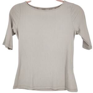 Magaschoni Ribbed Knit Short Sleeve Top – Size Medium - Neutral Minimal Chic